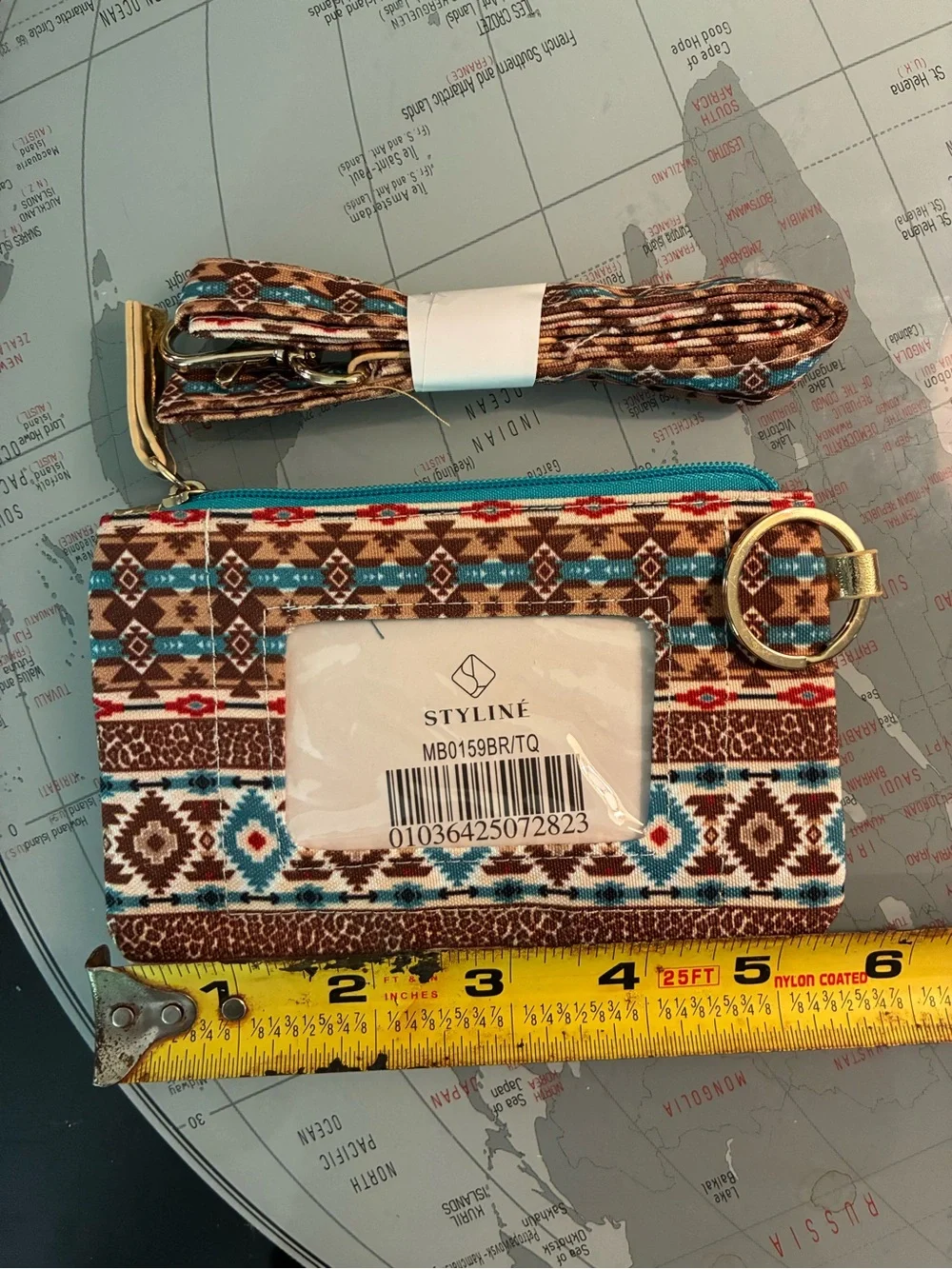 Aztec-Pattern Zip Key & Card Holder in Brown and Teal